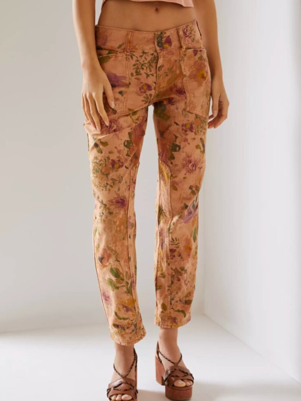 Pilcro Anthropologie Wanderer Straight Leg Mid Rise Floral Ankle Pants Peach, 27